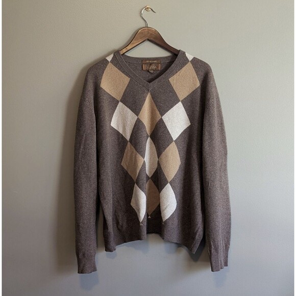 Tasso Elba Size XL 100% Cashmere Sweater Mens Argyle V-neck Brown Pullover LS - Picture 1 of 5